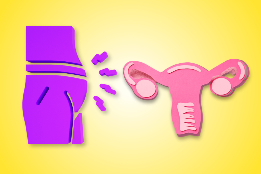 2 icons in a gradient yellow background. One is that of a middle section of the body showing a bloated abdomen and another is that of a uterus. The image is illustrative of bloating during ovulation.