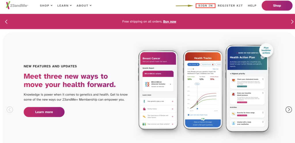 23andMe Raw Data Download - Step 1: Home page, with a pointer and highlighter block around "Sign In"