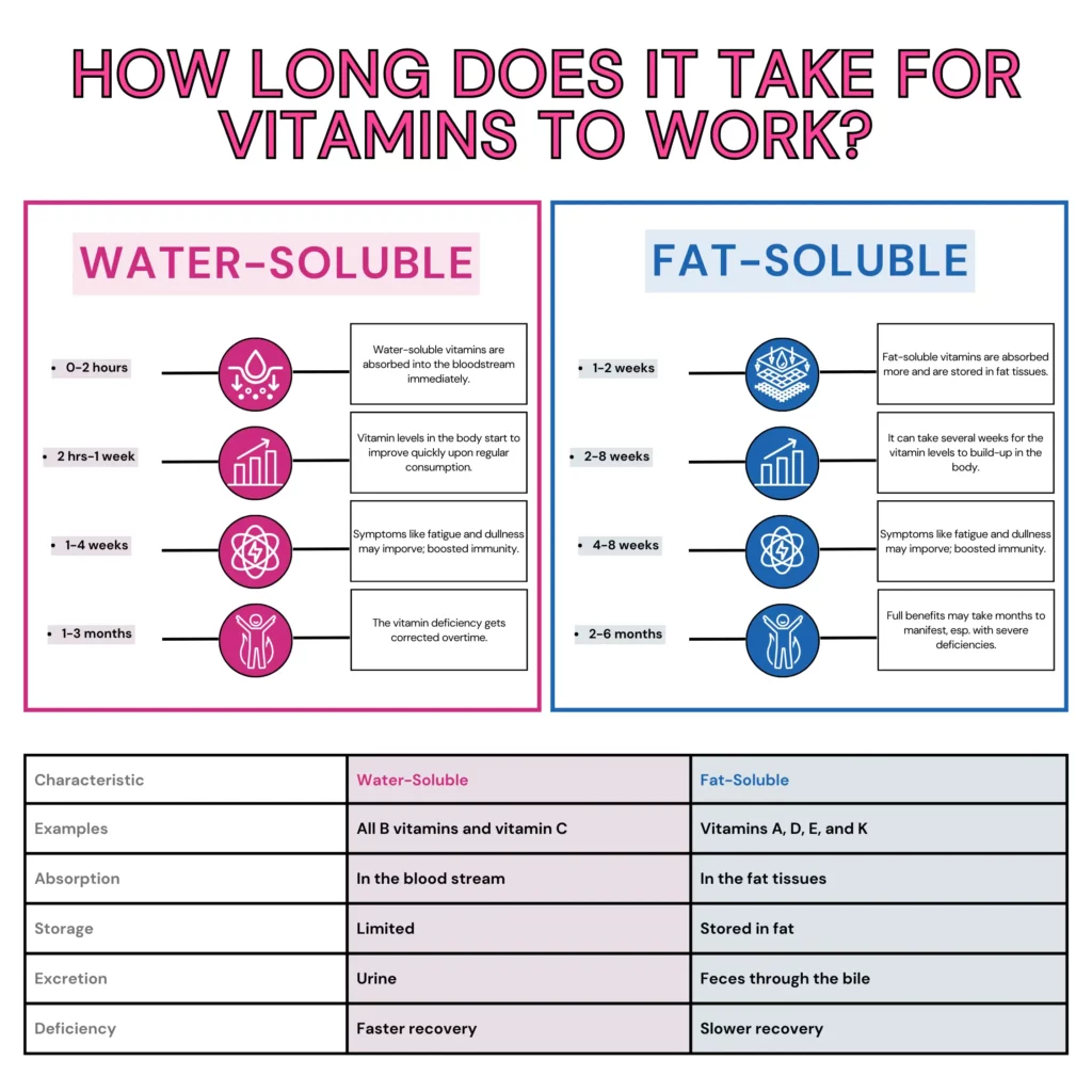 An infographic comparing how long does it take for water-soluble vs. fat-soluble vitamins to work. On the left side, a timeline of how water-soluble vitamins work is shown. On the right side, the same information for fat-soluble vitamins is given. Under this, a comparison table is also added.