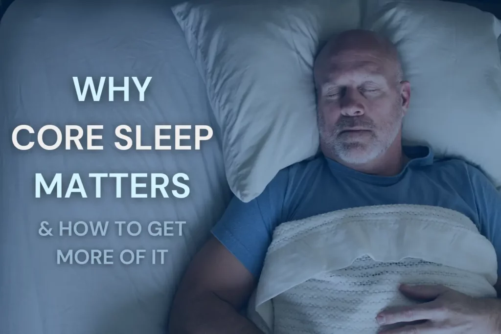 A man getting core sleep, an essential stretch of sleep that includes REM and non-REM sleep