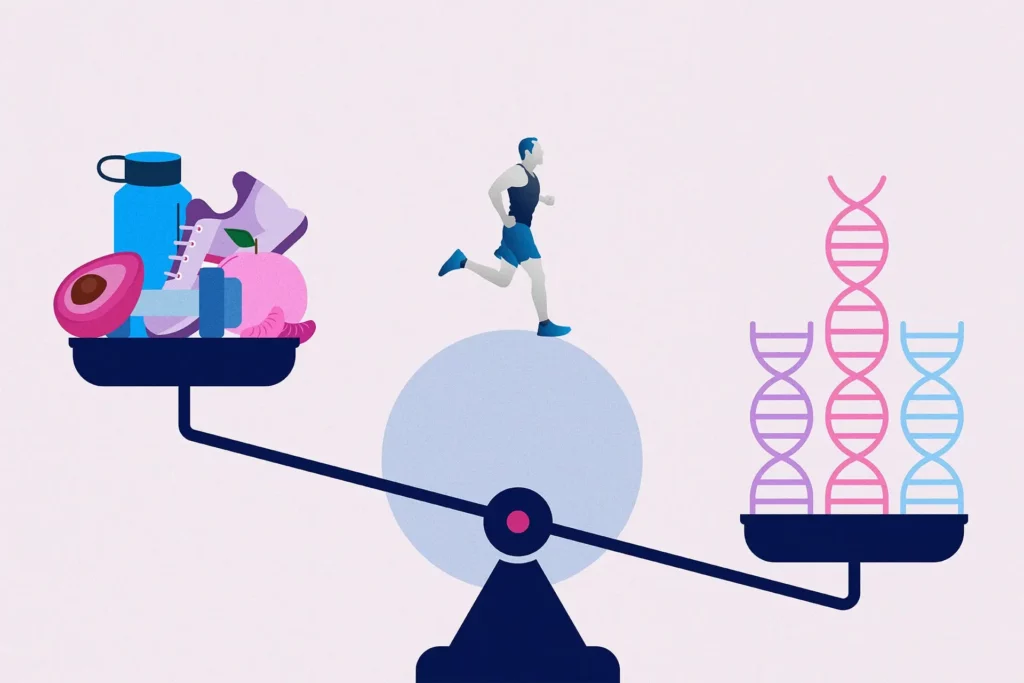 A balance weighing scale with genes vs lifestyle.