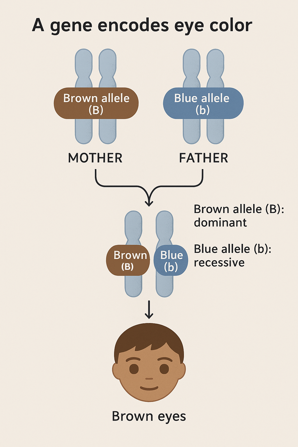 An infographic showing how eye color is inherited in a dominant manner, favoring brown eyes over blue eyes.