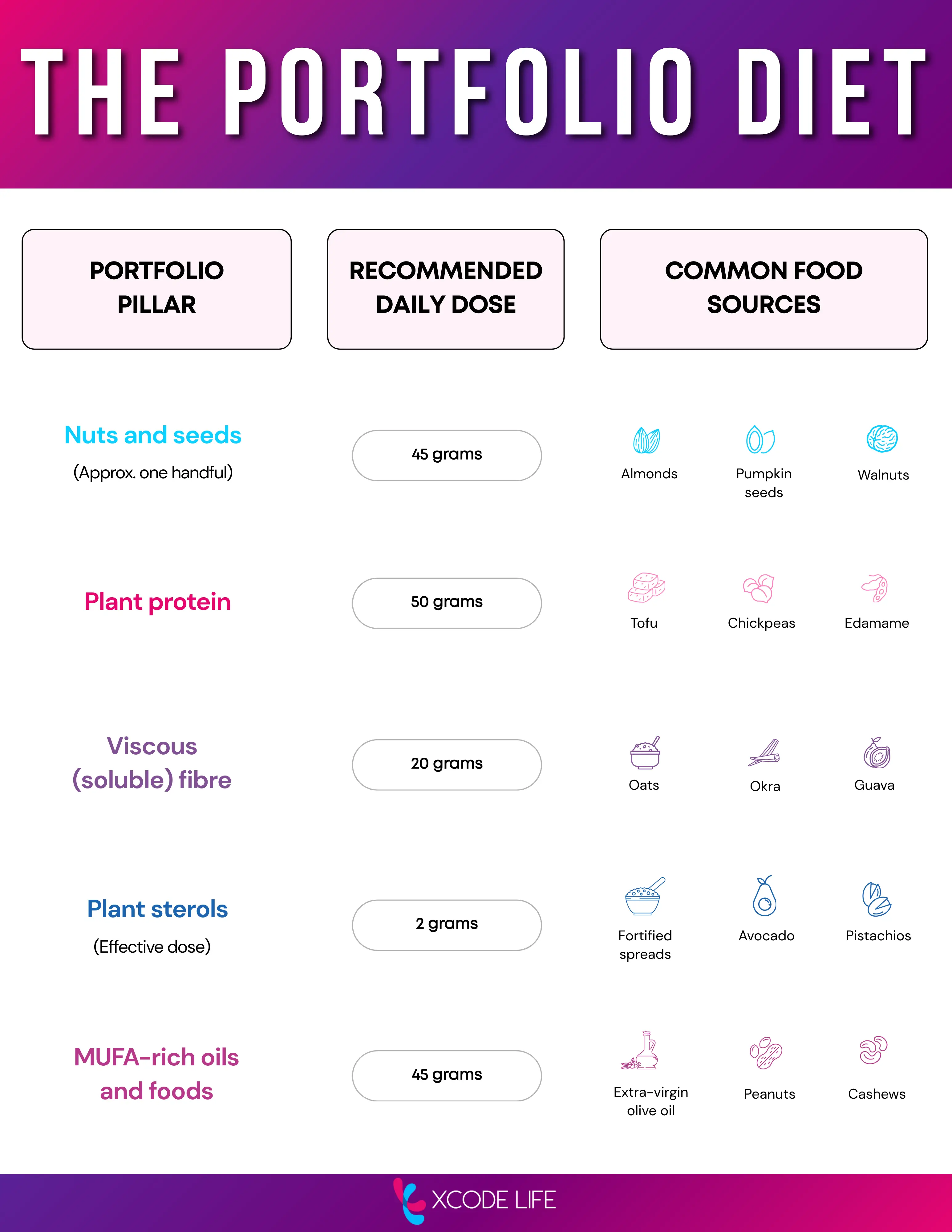 Infographic titled “The Portfolio Diet” with three columns: Portfolio Pillar, Recommended Daily Dose, and Common Food Sources.

It lists:

Nuts and seeds (approx. one handful): 45 grams — almonds, pumpkin seeds, walnuts.

Plant protein: 50 grams — tofu, chickpeas, edamame.

Viscous (soluble) fibre: 20 grams — oats, okra, guava.

Plant sterols (effective dose): 2 grams — fortified spreads, avocado, pistachios.

MUFA-rich oils and foods: 45 grams — extra-virgin olive oil, peanuts, cashews.

Xcode Life logo appears at the bottom.